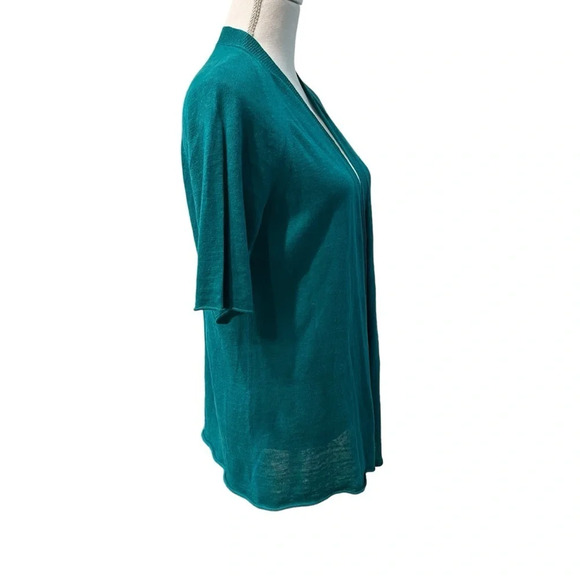 Eileen Fisher Teal Green Open Front Short Sleeve Organic Linen Cardigan Size PP - Picture 3 of 13